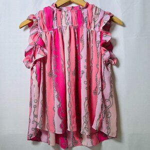 PARK Pink Sleeveless Blouse Small | Ruffle Shoulder Chain Print Button Back